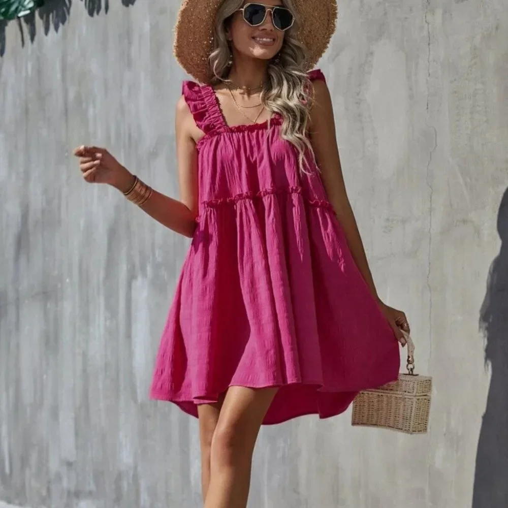 pink  Boho Frill Trim Ruffle Hem Dress - Picture 6 of 6